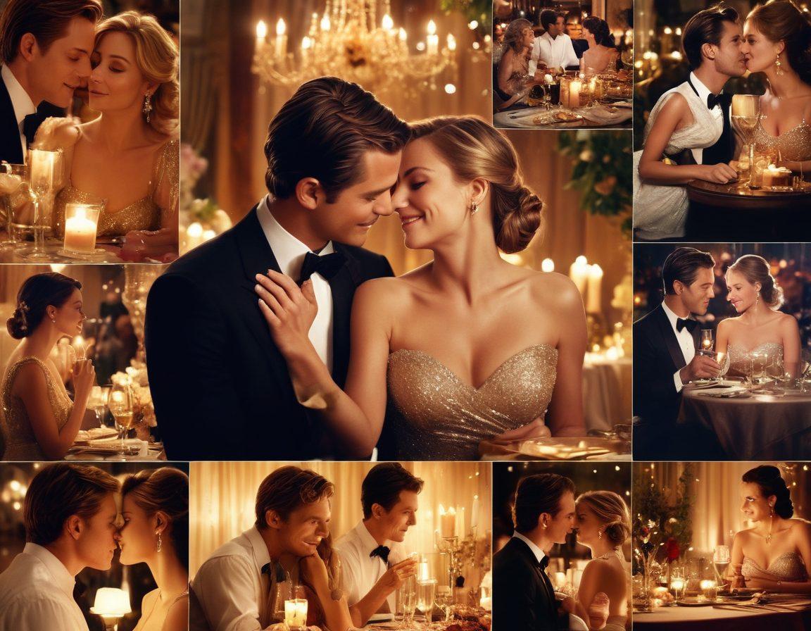A captivating collage showcasing a blend of glamorous celebrity couples intertwined with intimate moments, such as a candlelit dinner and a joyful embrace. The background features contrasting tabloid headlines and soft, warm lighting to evoke nostalgia and romance. Delicate hearts and sparkles surround the couples, symbolizing love. super-realistic. vibrant colors. soft-focus effect.