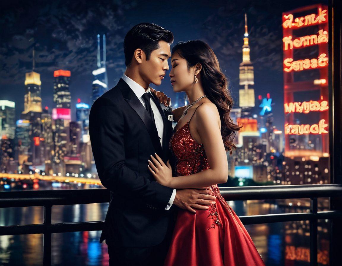 A glamorous scene showcasing a dramatic Asian celebrity couple in an intimate moment, surrounded by scandalous headlines and shimmering lights. The backdrop features a luxurious city skyline at night, with rich colors emphasizing passion and intrigue. Their expressions portray a blend of love and secrecy, surrounded by elements symbolizing gossip and romance like hearts and whispers. Cinematic lighting enhances the allure, inviting viewers into their passionate world. super-realistic. vibrant colors. dramatic lighting.