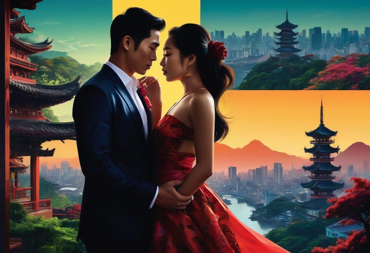 An alluring collage showcasing different notorious couples from Asia, surrounded by lush landscapes and urban cityscapes. Incorporate elements of passion like intertwined silhouettes and vibrant, dramatic colors representing intrigue. Add cultural motifs unique to each couple’s background, creating an atmosphere of scandal and romance. Include shadows and whispers of mystery in the background. super-realistic. vibrant colors. dramatic lighting.